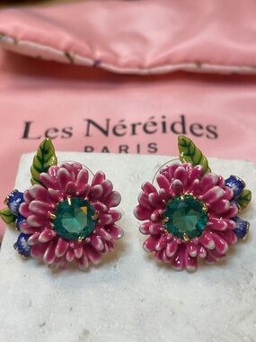 Les Néréides Pink Floral Stud Earrings Clip-On Crystal Flower Earrings